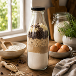 Milchflasche 1 Liter Glasflasche transparent mit Deckel schwarz, befüllt mit selbstgemachter Backmischung – schönes Gastgeschenk
