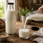 Frische Milch wird aus einer Milchflasche 1 Liter Glasflasche transparent mit schwarzem Deckel eingeschenkt – ideal für Einkochen von Obst