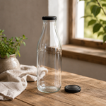 Leere Milchflasche 1 Liter Glasflasche transparent mit Deckel schwarz, Weithalsflasche geeignet für Einkochen von Obst