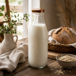 Milchflasche 1 Liter Glasflasche transparent mit Deckel kupfer mit Milch Frische Milch in einer Milchflasche 1 Liter Glasflasche transparent mit kupferem Deckel – ideal für Saft, Milch & Smoothies