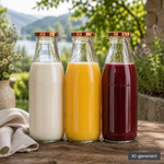 Milchflasche 1 Liter Glasflasche transparent, Deckel kupfer im Trio mit Milch & Saft Drei Milchflaschen 1 Liter Glas transparent mit Deckel kupfer, gefüllt mit Milch, Orangensaft & rotem Beeren Saft – vielseitig für Saft, Milch & Smoothies