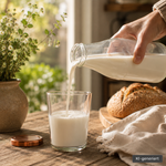 Milchflasche 1 Liter Glasflasche transparent mit Deckel kupfer mit Milch Frische Milch in einer Milchflasche 1 Liter Glasflasche transparent mit kupferem Deckel – ideal für Saft, Milch & Smoothies