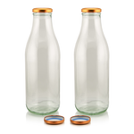 2 Milchflaschen 1 Liter Glasflasche transparent mit Deckel kupfer Milch Glasflaschen transparent im Set mit 2 Flaschen und Ersatzdeckeln kupfer