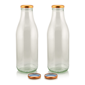 2 Milchflaschen 1 Liter Glasflasche transparent mit Deckel kupfer Milch Glasflaschen transparent im Set mit 2 Flaschen und Ersatzdeckeln kupfer