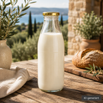 Milchflasche 1 Liter Glasflasche transparent mit Deckel gold befüllt mit Milch Frische Milch in einer Milchflasche 1 Liter Glasflasche transparent mit goldem Deckel eingeschenkt – ideal für Aufbewahrung