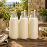 Milchflasche 1 Liter Glasflasche transparent mit Deckel gold mit verschiedenen Milchsorten Frische Milch wird aus einer Milchflasche 1 Liter Glasflasche transparent mit goldem Deckel eingeschenkt – ideal für Milch, Sojamilch, Hafermilch