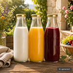 Milchflasche 1 Liter Glasflasche transparent, Deckel gold im Trio mit Hafermilch & Saft Drei Milchflaschen 1 Liter Glas transparent mit Deckel gold, gefüllt mit Milch & Saft – vielseitig für alle Milch Sorten