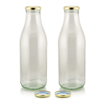 2 Milchflaschen 1 Liter Glasflasche transparent mit Deckel gold Milch Glasflaschen transparent im Set mit 2 Flaschen und Ersatzdeckeln gold für Hafermilch