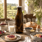 Frische Milch in einer Milchflasche 1 Liter Glasflasche braun mit weissem Deckel eingeschenkt – ideal für deinen Frühstückstisch & alle Milchsorten