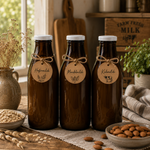Drei Milchflaschen 1 Liter Glas braun mit Deckel weiss, gefüllt mit  Kuhmilch, Hafermilch, Mandelmilch – vielseitig für selbstgemachte Milch Alternativen