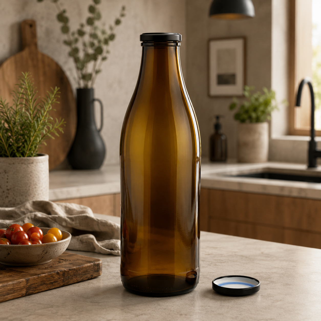 Hochwertige Milchflaschen 1 Liter aus Glas braun mit 2, 4, 6 oder 9 Flaschen & Ersatzdeckel weiss im Set