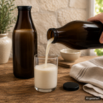 Frische Milch in einer Milchflasche 1 Liter Glasflasche braun mit schwarzem Deckel eingeschenkt – ideal für deinen Frühstückstisch & alle Milchsorten