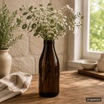 Milchflasche 1 Liter Glasflasche braun mit Deckel schwarz, befüllt mit Wiesenblumen in der Vase – schöne DYI Deko Idee