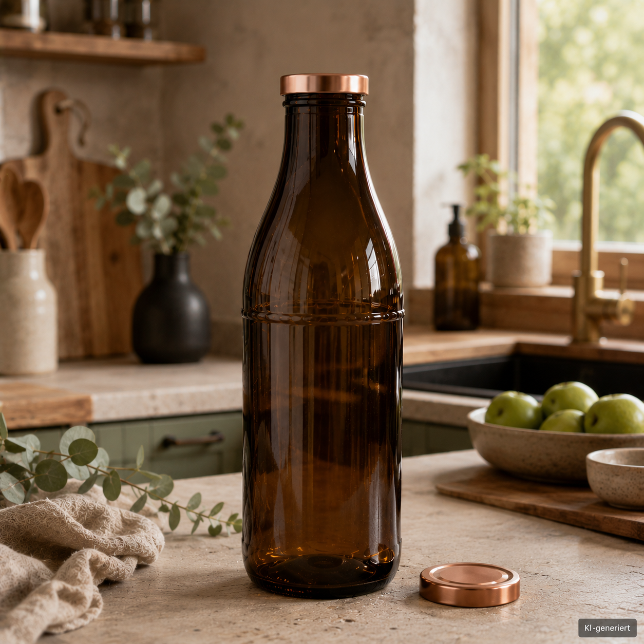 Milchflasche 1 Liter Glasflasche braun mit Deckel kupfer – leere Weithalsflasche Leere Milchflasche 1 Liter Glasflasche braun mit Deckel kupfer, Weithalsflasche geeignet für einen sicheren Twist-Off-Verschluss