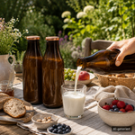 Frische Milch wird aus einer Milchflasche 1 Liter Glasflasche braun mit kupferem Deckel eingeschenkt – ideal für einen sicheren Twist-Off-Verschluss