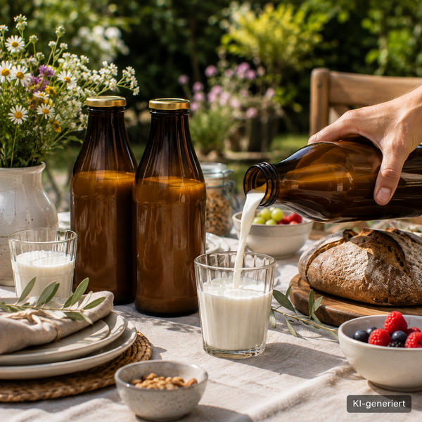 Main-Feines 1-Liter-Milchflasche aus Glas mit weißem Deckel Leere Milchflasche 1 Liter Glasflasche transparent mit Deckel gold, Weithalsflasche geeignet für Gastgeschenke & Deko