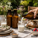 Frische Milch wird aus einer Milchflasche 1 Liter Glasflasche transparent mit goldem Deckel eingeschenkt – ideal für Gastgeschenke & Deko