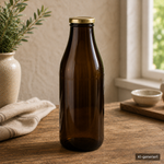 Leere Milchflasche 1 Liter Glasflasche transparent mit Deckel gold, Weithalsflasche geeignet für Gastgeschenke & Deko
