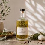 Glasflasche 500 ml mit Kräuteröl und eigenem Label 500-ml-Designglasflasche mit Kräuteröl und individuell gestaltetem Etikett
