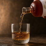 Whisky aus 500-ml-Designglasflasche einschenken Whisky wird aus einer strukturierten 500-ml-Glasflasche in ein klares Design-Trinkglas eingeschenkt