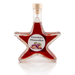 Winterlicher Pflaumenlikör in Sternflasche Geschenkflasche 200 ml – Frontansicht Sternflasche Geschenkflasche 200 ml gefüllt mit fruchtigem Pflaumenlikör mit Zimt und winterlichen Gewürzen (20% Vol.), Frontansicht – ideales Weihnachtsgeschenk und Mitbringsel im Advent