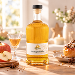 Bratapfellikör 20 % Vol. in heller winterlicher Genussatmosphäre Flasche Bratapfellikör 20 % Vol. mit Apfel und Zimt in heller, natürlich beleuchteter Umgebung.
