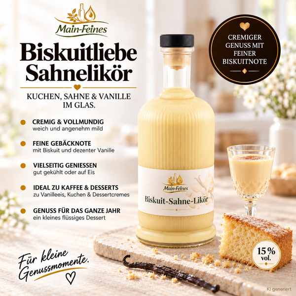 Biskuitliebe Sahnelikör Sternflasche Weihnachtsflasche im festlichen Ambiente – Geschenkidee Sternflasche Weihnachtsflasche mit cremigem Biskuitliebe-Sahnelikör mit Biskuit- und Vanillenote in weihnachtlicher Deko-Szene mit Löffelbiskuit und Vanilleschoten – perfekt als Adventsgeschenk, Mitbringsel oder Firmenpräsent