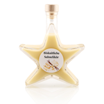 Biskuitliebe Sahnelikör in Sternflasche Geschenkflasche 200 ml – Frontansicht Sternflasche Geschenkflasche 200 ml gefüllt mit cremigem Biskuitliebe-Sahnelikör mit Biskuit- und Vanillenote (15% Vol.), Frontansicht – ideales Weihnachtsgeschenk und Mitbringsel im Advent