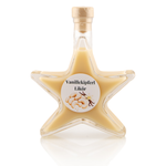 Vanillekipferl Sahnelikör in Sternflasche Geschenkflasche 200 ml – Frontansicht Sternflasche Geschenkflasche 200 ml gefüllt mit cremigem Vanillekipferl-Sahnelikör mit Vanille- und Gebäcknote (17% Vol.), Frontansicht – ideales Weihnachtsgeschenk und Mitbringsel im Advent