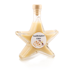 Vanillekipferl Sahnelikör Sternflasche Likörflasche 200 ml – Seitenansicht rechts Sternflasche Likörflasche mit cremigem Vanillekipferl-Sahnelikör mit Vanille- und Gebäcknote, Seitenansicht rechts, auffällige Sternform aus stabilem Klarglas