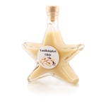 Vanillekipferl Sahnelikör Sternflasche Likörflasche 200 ml – Weihnachtsflasche Seitenansicht links Sternflasche Likörflasche mit cremigem Vanillekipferl-Sahnelikör mit Vanille- und Gebäcknote, Seitenansicht links, klares Sternglas mit Facettenschliff