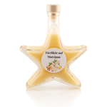 Eierlikör auf Marzipan in Sternflasche Geschenkflasche 200 ml – Frontansicht Sternflasche Geschenkflasche 200 ml gefüllt mit cremigem Eierlikör mit feiner Marzipannote (20% Vol.), Frontansicht – ideales Weihnachtsgeschenk und Mitbringsel im Advent