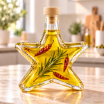 Leere Sternflasche gefüllt mit selbstgemachtem Kräuteröl – DIY Feinkost-Geschenk Leere Sternflasche (200 ml), gefüllt mit selbstgemachtem Kräuteröl, als dekorative Feinkostflasche – schöne Geschenkidee aus der eigenen Küche