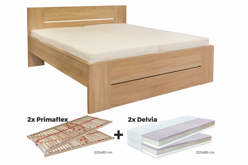 Bett + Matratze + Lattenrost Set 180x200 H2+H3 Eiche Dekor