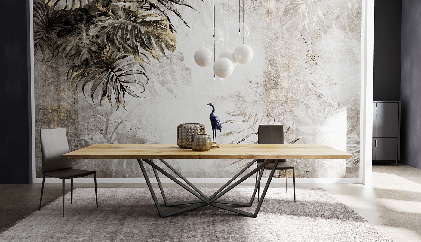 Esstisch Edder 220 x 130 cm Tischplatte Eiche Massiv Schweizer Kante Metallfuß