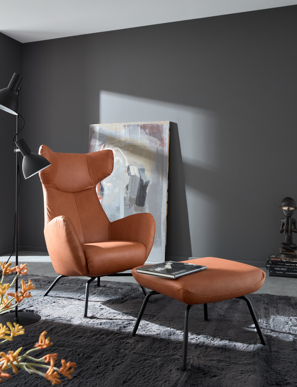 Einzelsessel Yroc Leder Nature Cognac mit Hocker 79x117x82