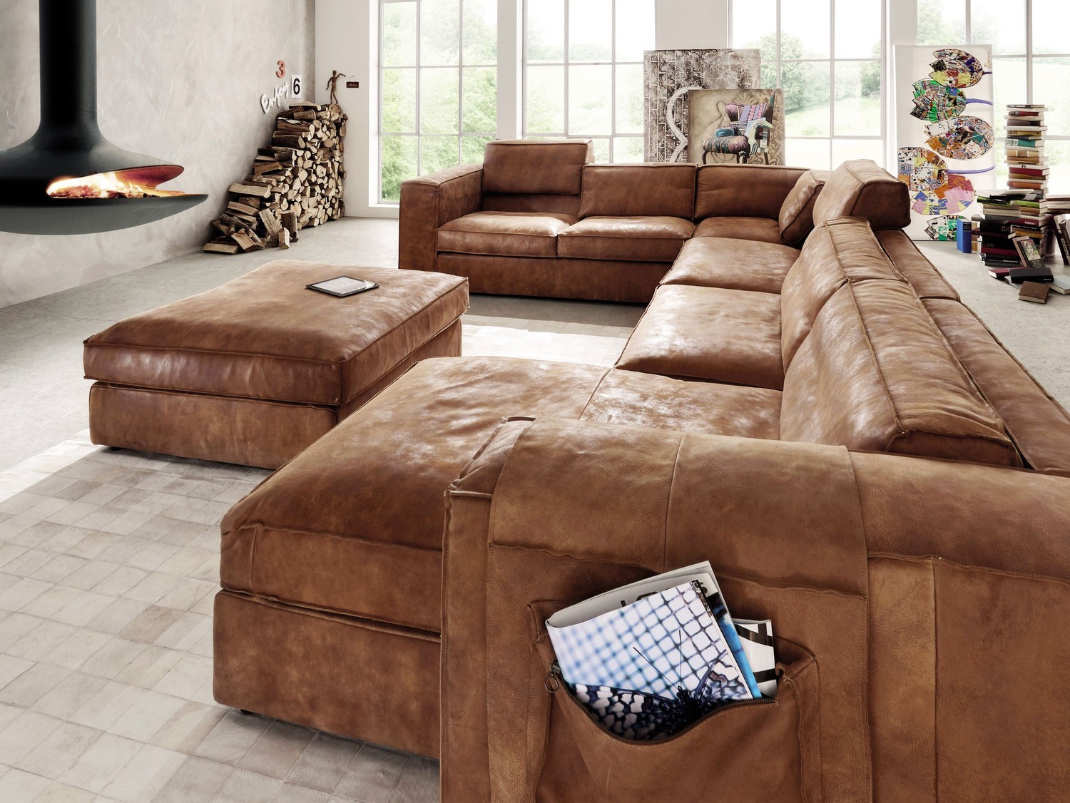 Sofa Vinchi Eckgarnitur Leder Cognac 440x70/84x350