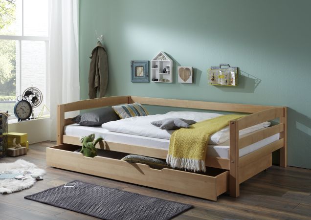 Einzelbett Nora 90 x 200 cm Buche Natur lackiert Bettkasten