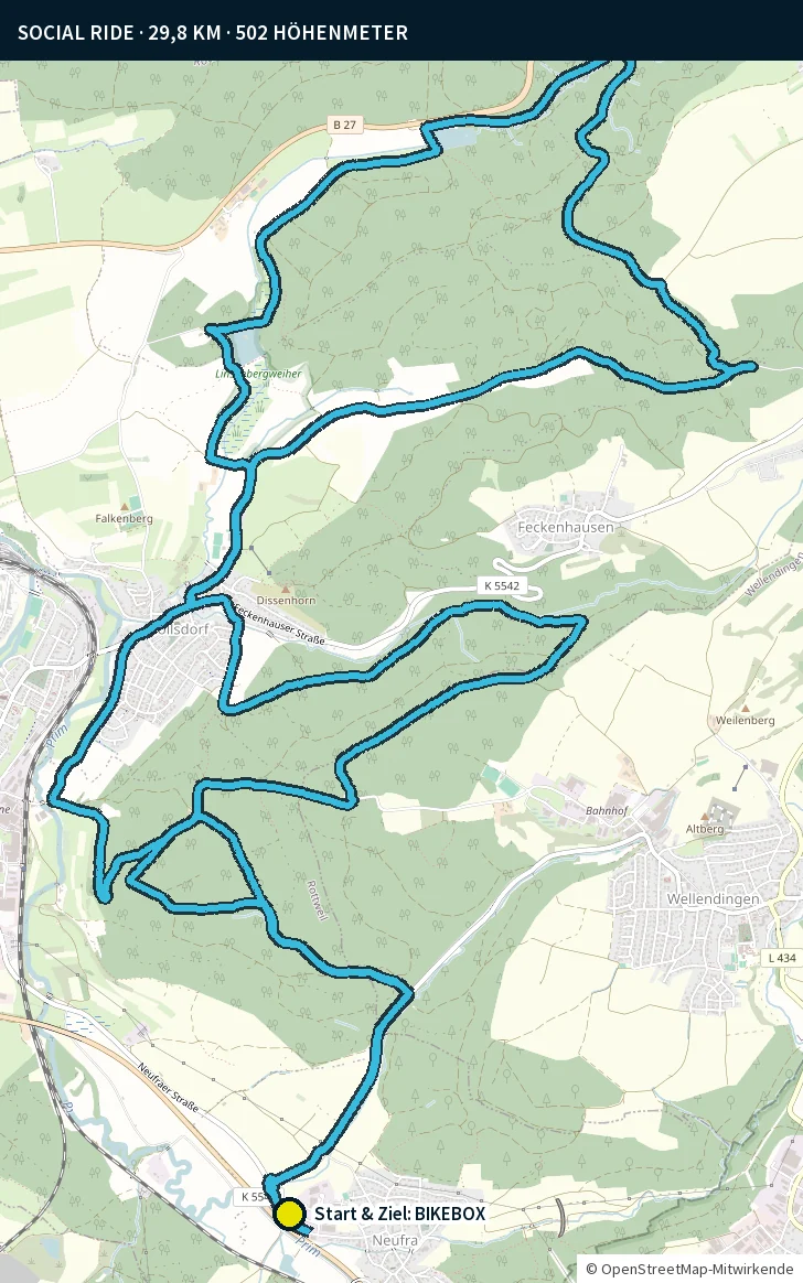 Karte der Social-Ride-Runde ab BIKEBOX in Neufra: 30 Kilometer Rundkurs