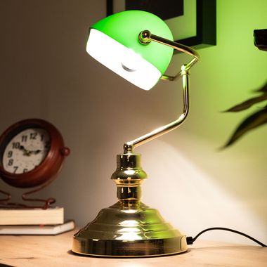 Lampe de bureau ancienne en métal laiton avec verre vert