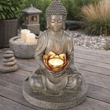 LED Solarleuchte BUDDHA aus Kunststoff in grau