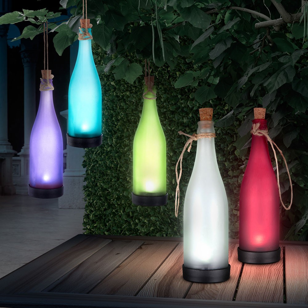 5er Set LED Solarleuchte, Glasflaschen, bunt, H 25