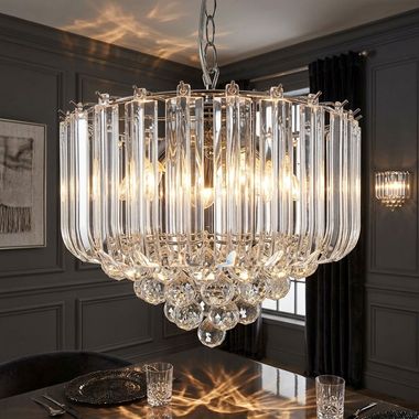 Pendant light, crystals, 4-flames, clear, chrome-plated, D 35 cm