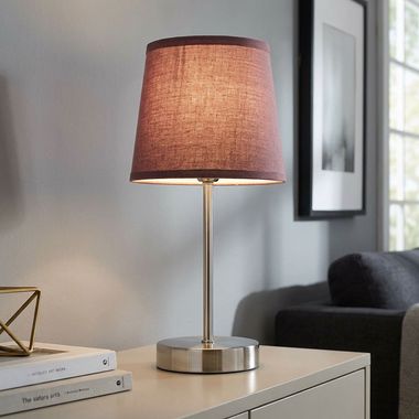 Lampe à poser, métal nickel mat, textile marron, H 32 cm