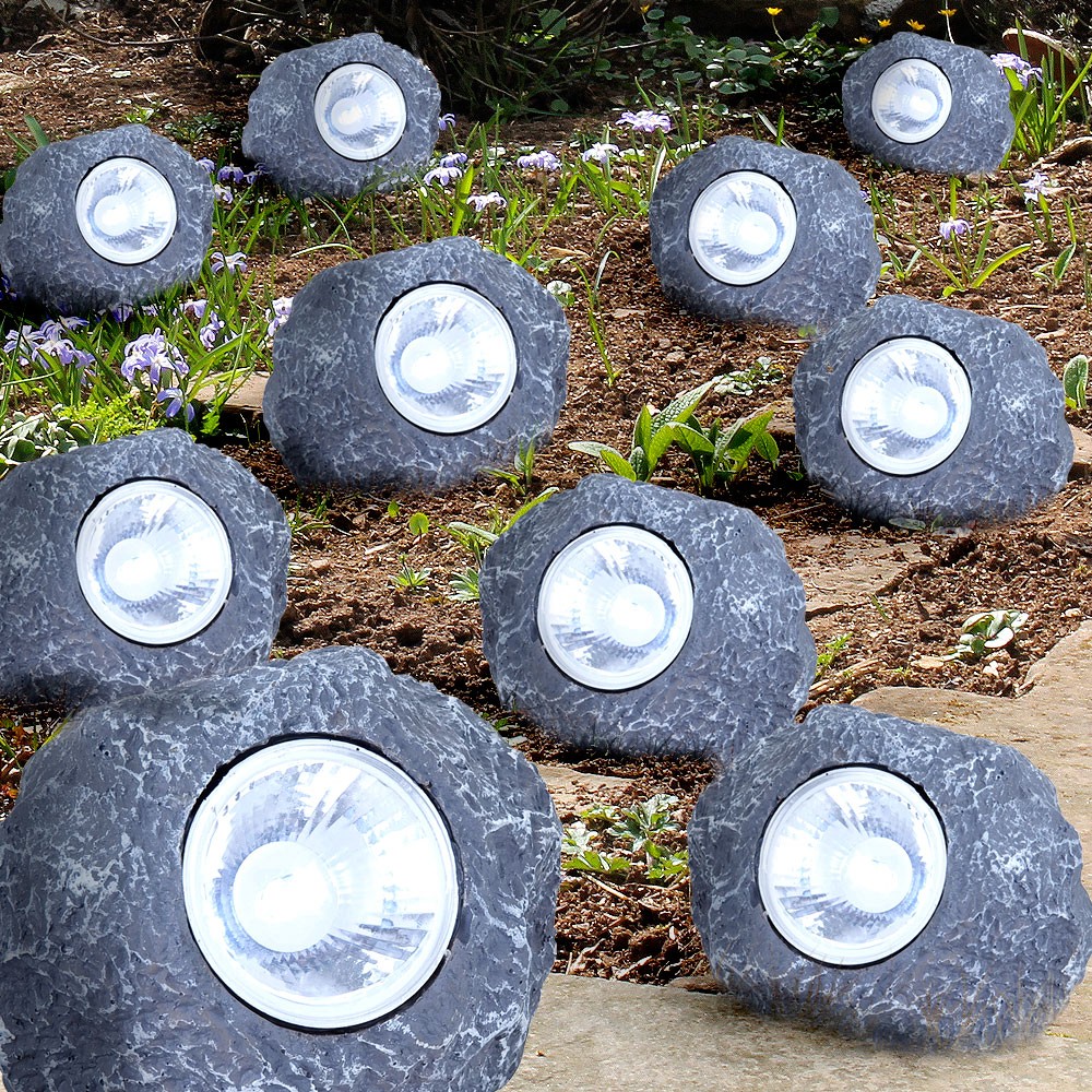 10x LED Solarleuchte Stein grau, Außendeko