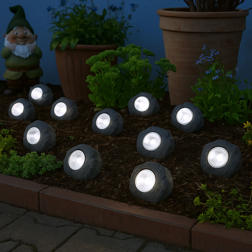 3x LED Solarleuchte Stein grau, Außendeko