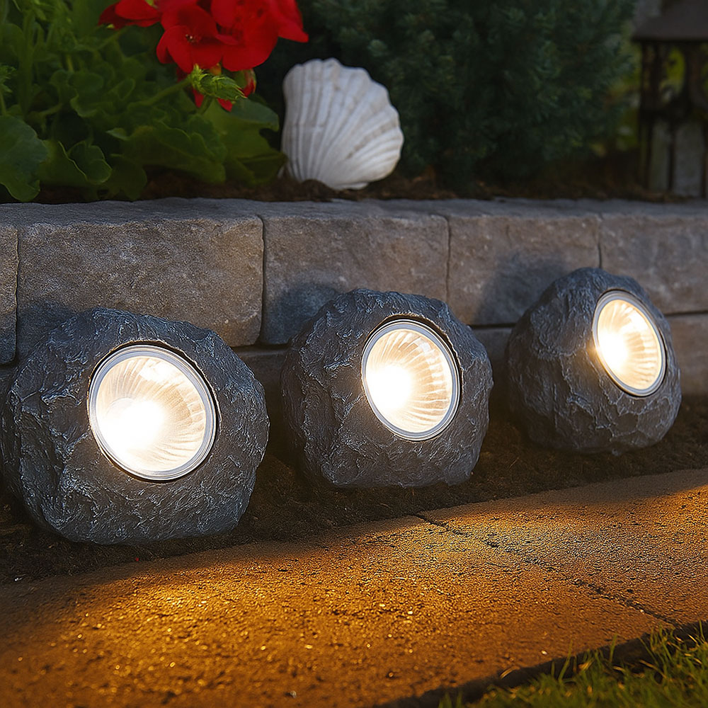 3x LED Solarleuchte Stein grau, Außendeko