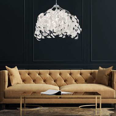 Lampe à suspension, métal, feuilles/branches, blanc, H 150 cm