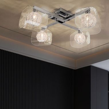 Lampa sufitowa, 4 płomienie, aluminium, szkło, klosze, L 58 cm