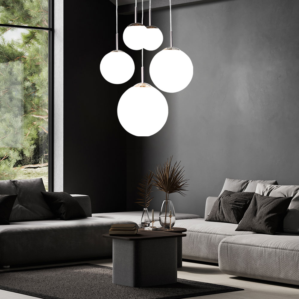 Designer LED Decken Hängelampe mit fünf verschieden großen Kugeln